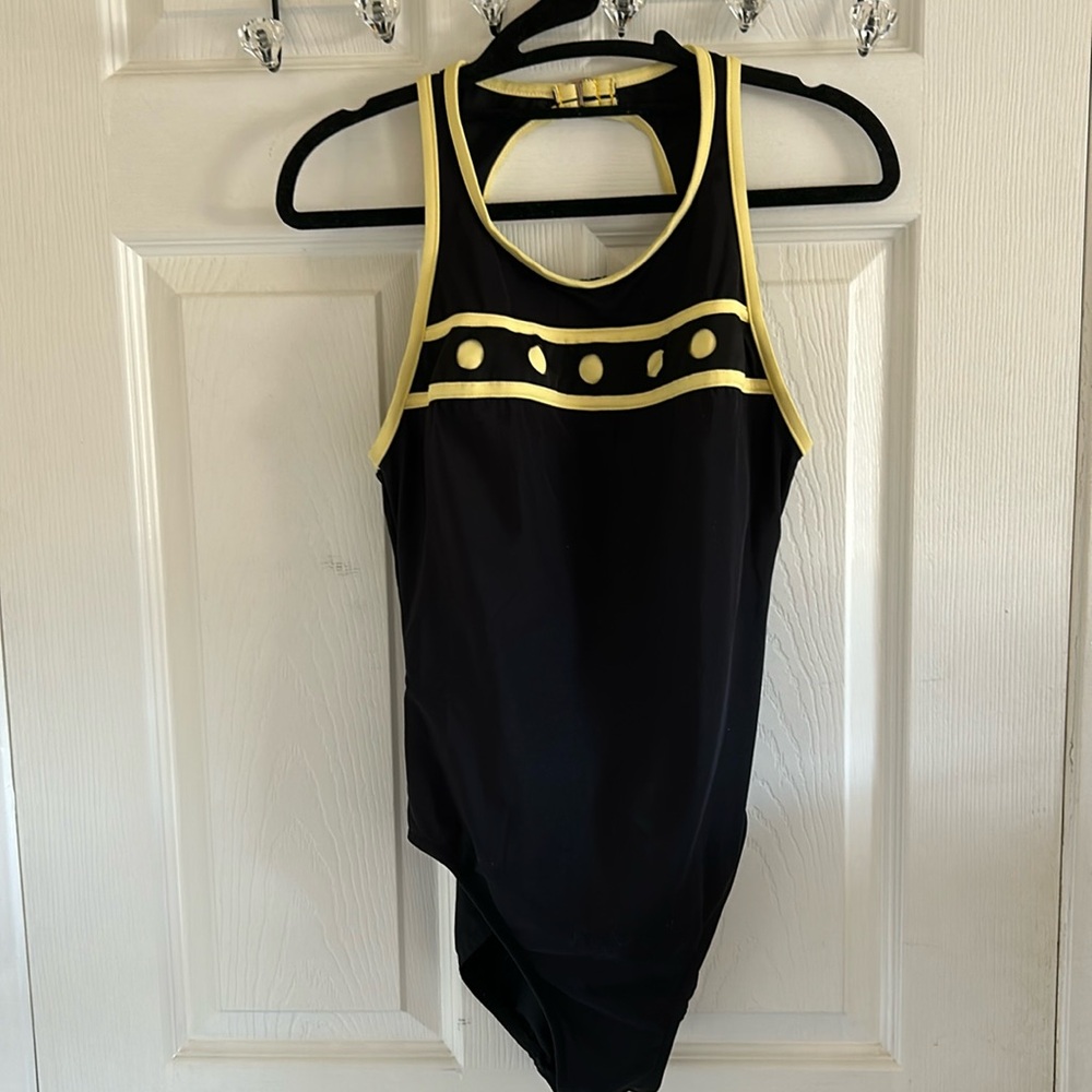 Women’s Black Miraclesuit with Yellow Dot Design. Size 10